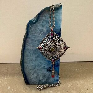 Vintage Lucky Brand Silver Tone Mandala Pendant Necklace Red & Green Gemstones